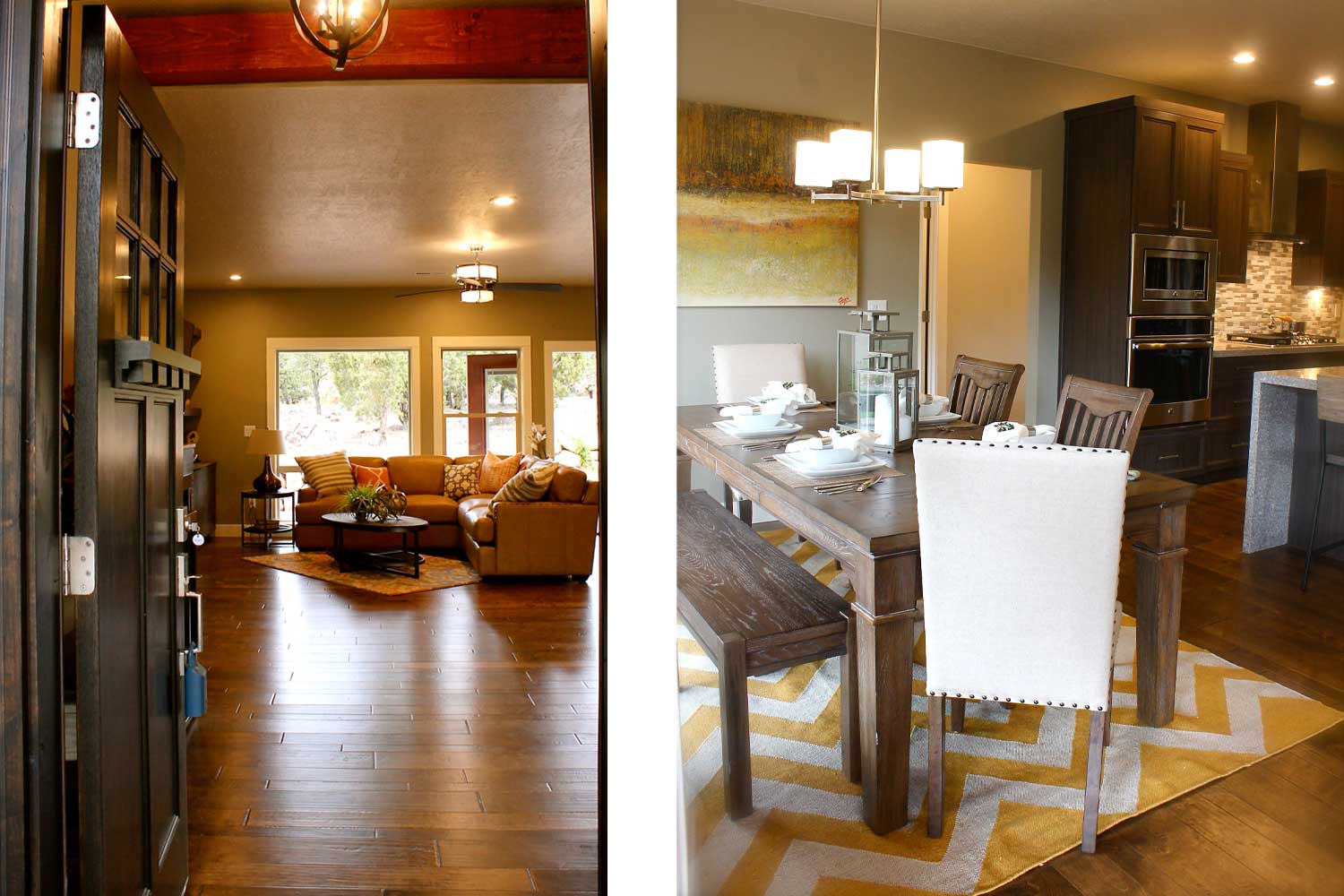 left side of image shows front door open leading to living room couch, right side of image shows dining room table with one bench, two wood chairs, and two white leather chairs