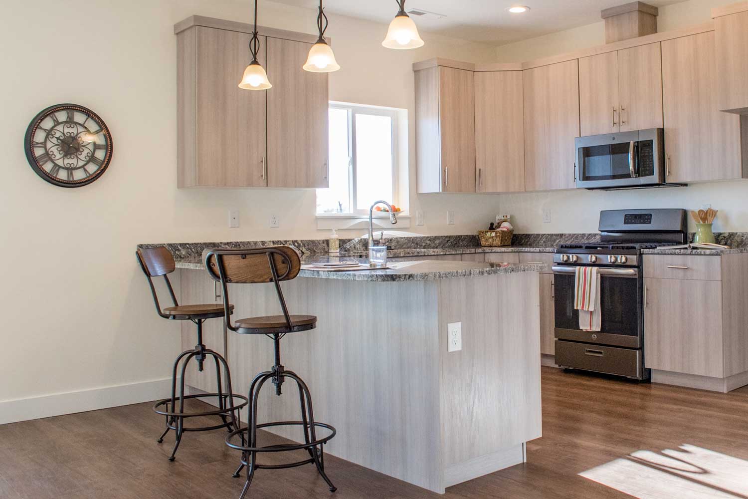 kitchen counter with two bar stools