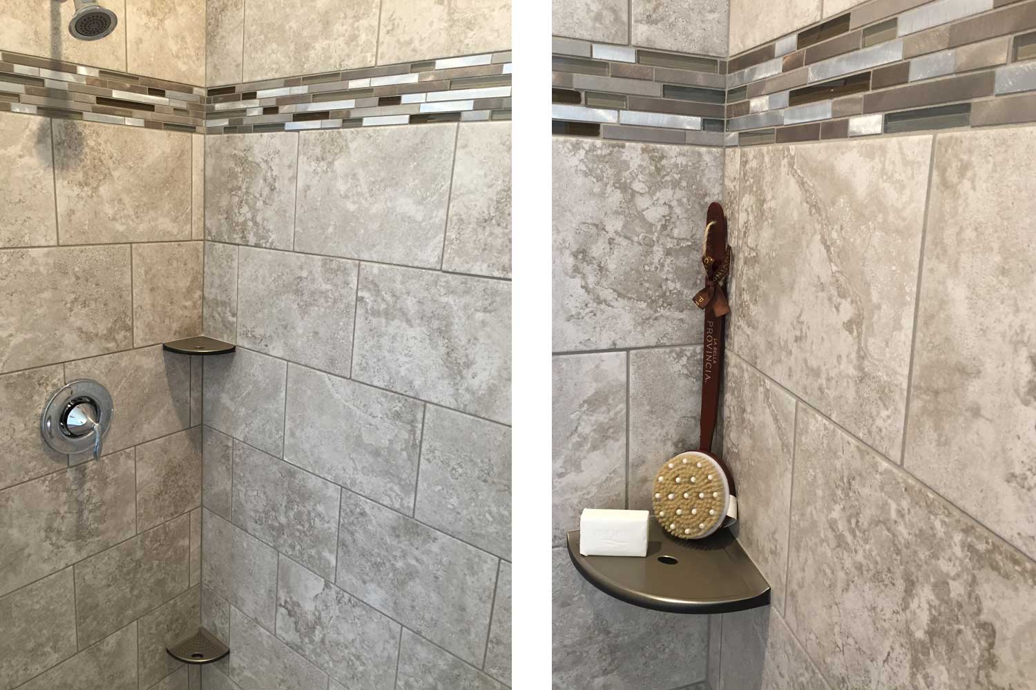close up of brown and beige shower tiles  