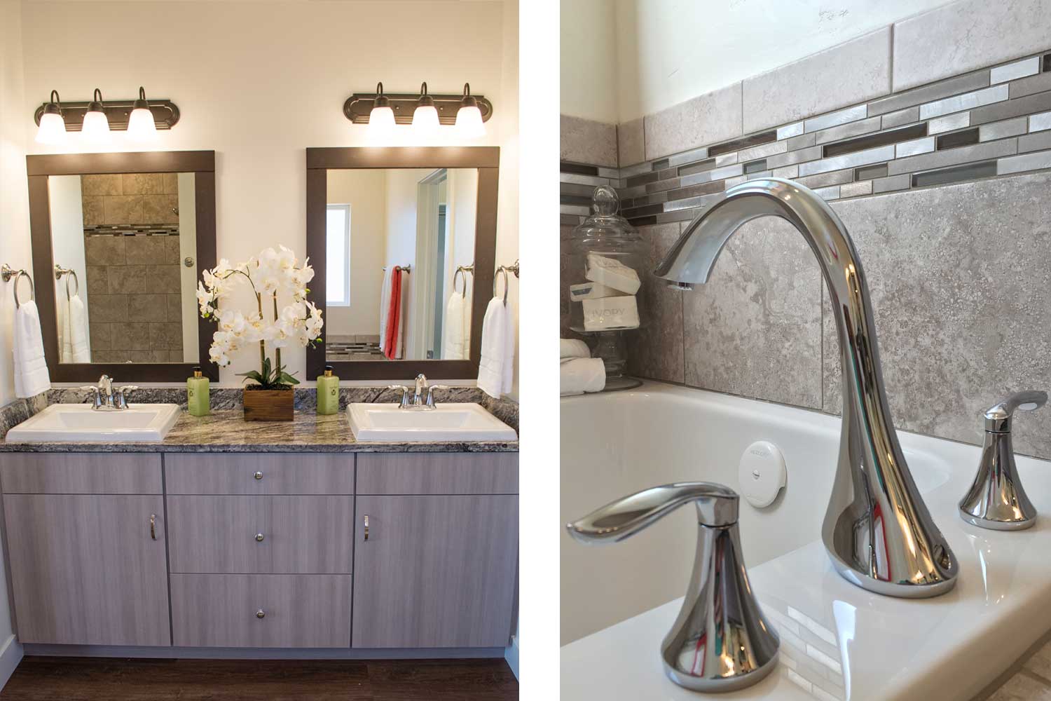 bathroom vanity with two sinks and mirrors and close up of silver colored faucets for the bathtub