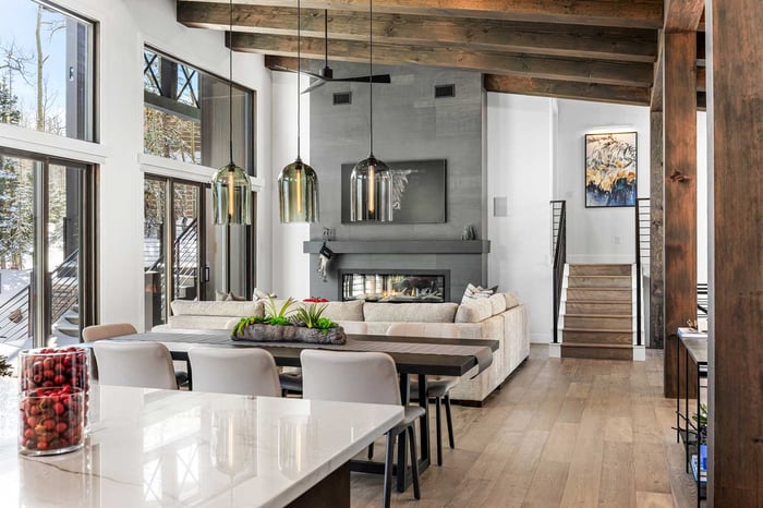 View of custom living room from kitchen by Choice Builders in Brian Head, UT