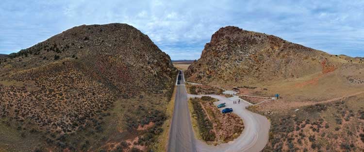 aerial view of Parowan Gap Hill and parking areas in Parowan, Utah