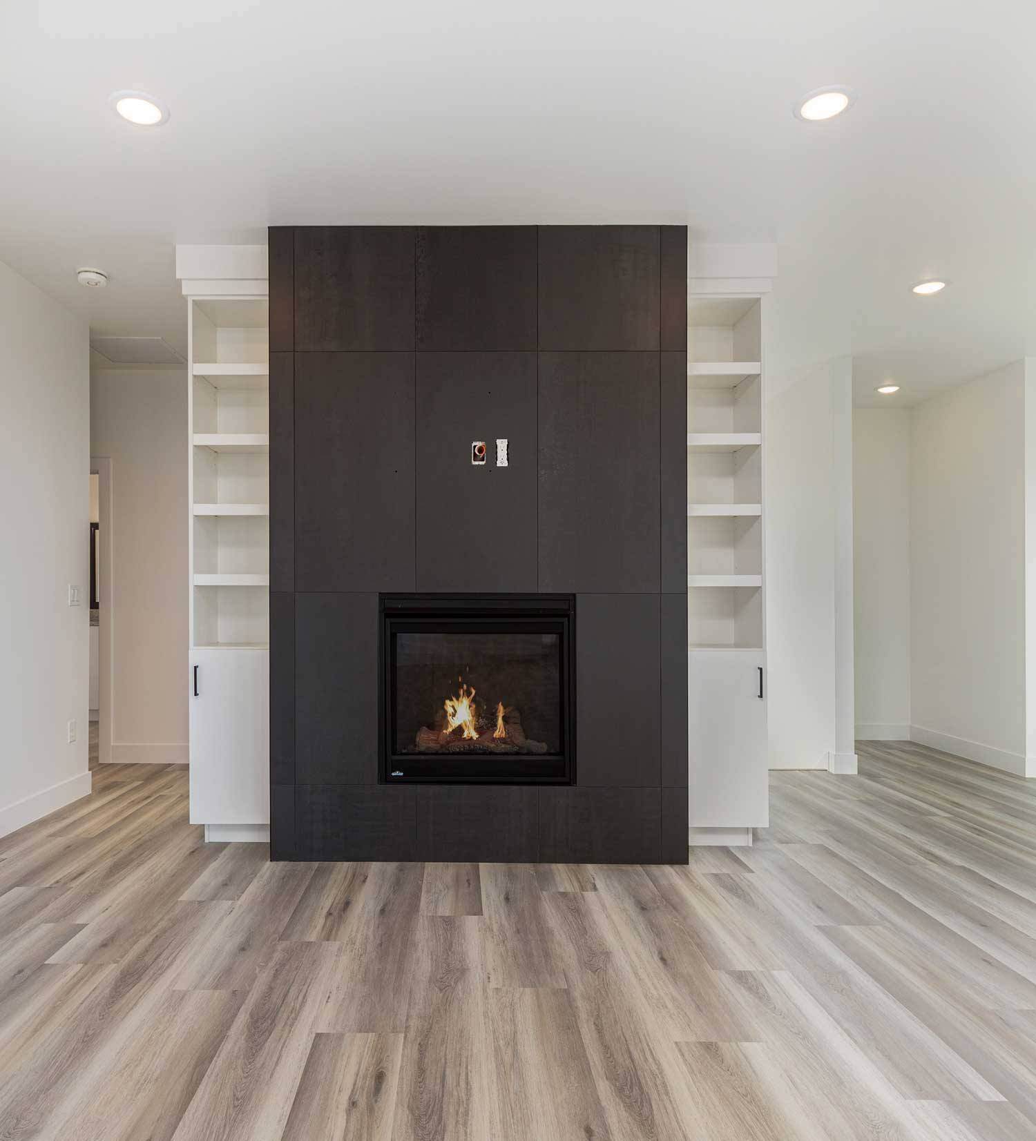 fireplace and bookshelves