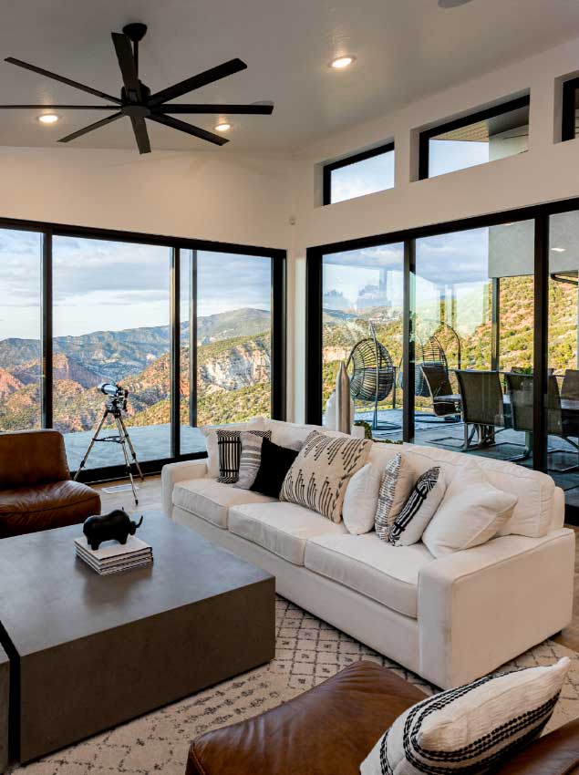 living room of custom home in cedar city with mountain views