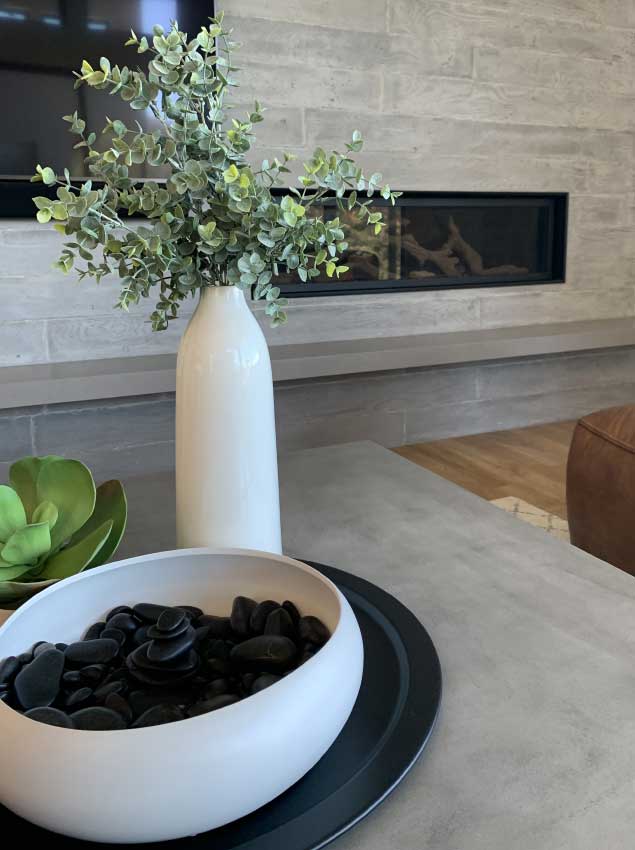 green plan in white vase on coffee table with fireplace in the background
