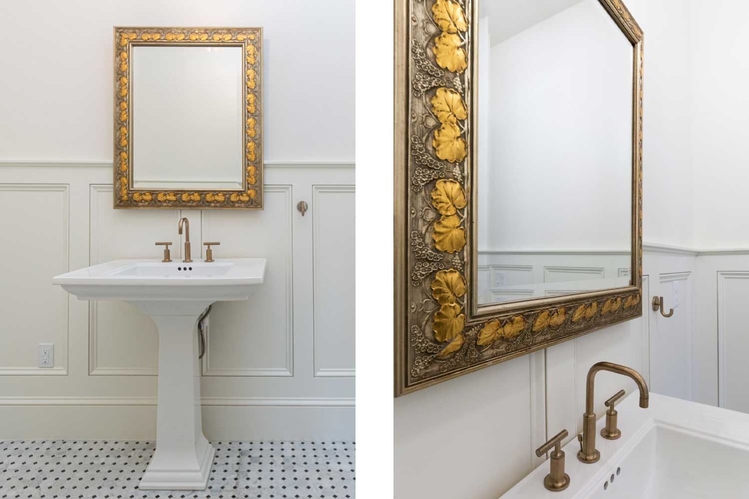 Pedestal sink with gold faucet and gold framed mirror