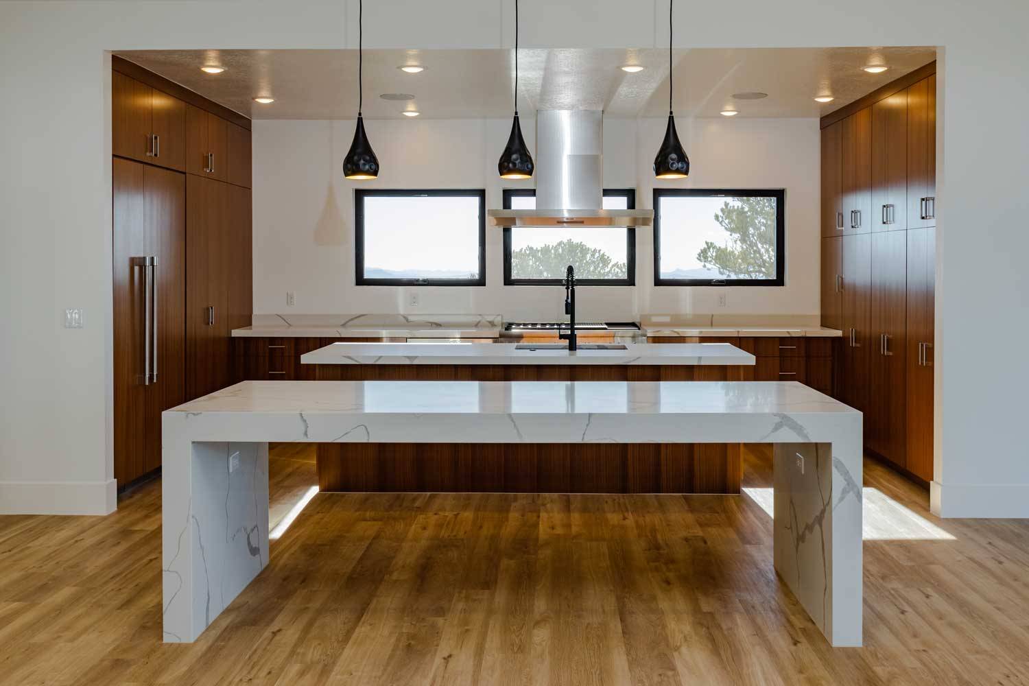 Custom kitchen with two islands marble countertops